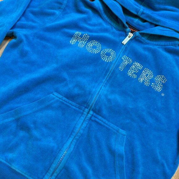 Y2K Hooters Blue Rhinestone Velour Hoodie M/L - Picture 2 of 8